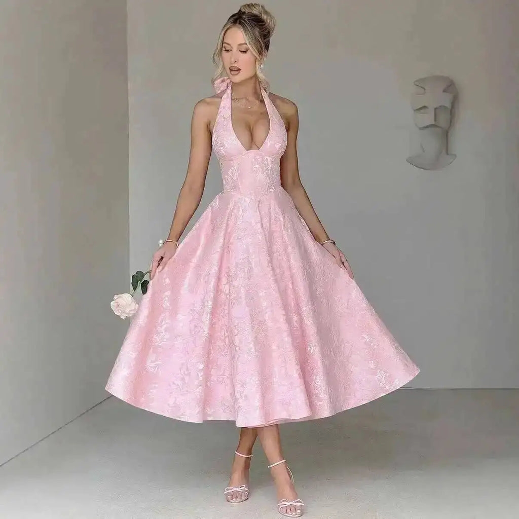 Backless Halter Evening Dress With Lace Jacquard For Elegant Special Occasions