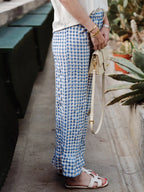 Fashion Women’s Y2k Plaid Wide Leg Pants Gingham Ruffled Hem Elastic Waistband Loose Casual Trousers