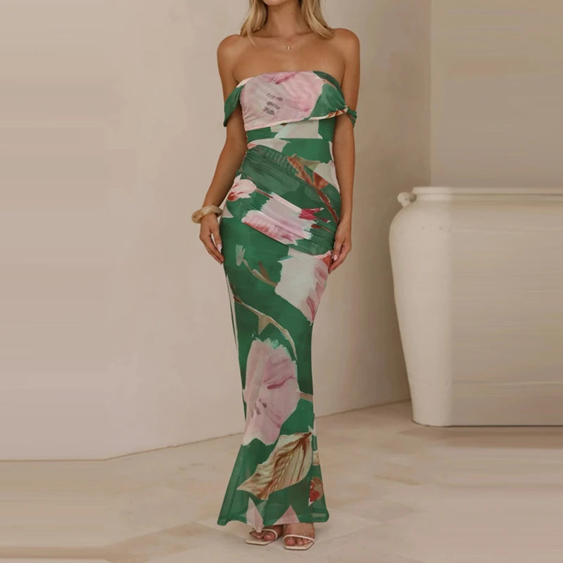 Elegant Floral Mesh Maxi Dress Sleeveless With Slash Collar