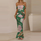 Elegant Floral Mesh Maxi Dress Sleeveless With Slash Collar