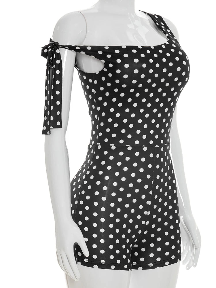 Polka Dot Playsuit With Tassel Details Sleeveless Low-Neck