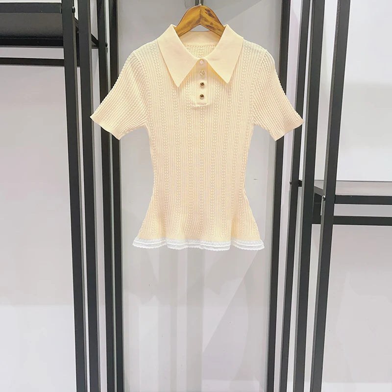French Hem Lace Stitching Twist Knit Sweater With Turn Down Collar Slim Short Sleeve Top