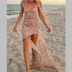 Flirty Florals Halter Maxi Dress With High Slit Backless Tie Neck And Scarf
