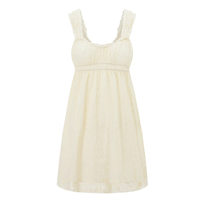 Ruffles Hem Babydoll A-line Dress Vintage Eyelet Mini Dress