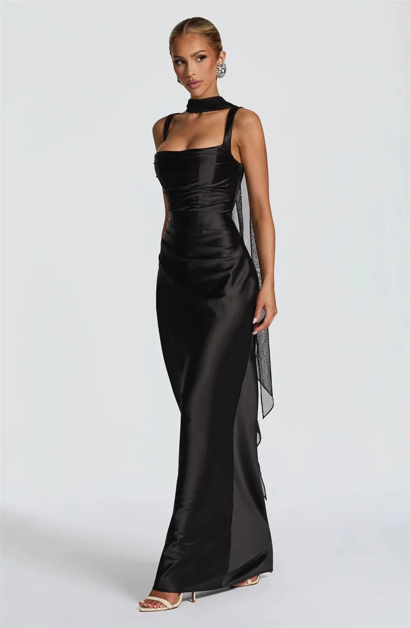 Elegant Satin Backless Halter Off-Shoulder Maxi Dress