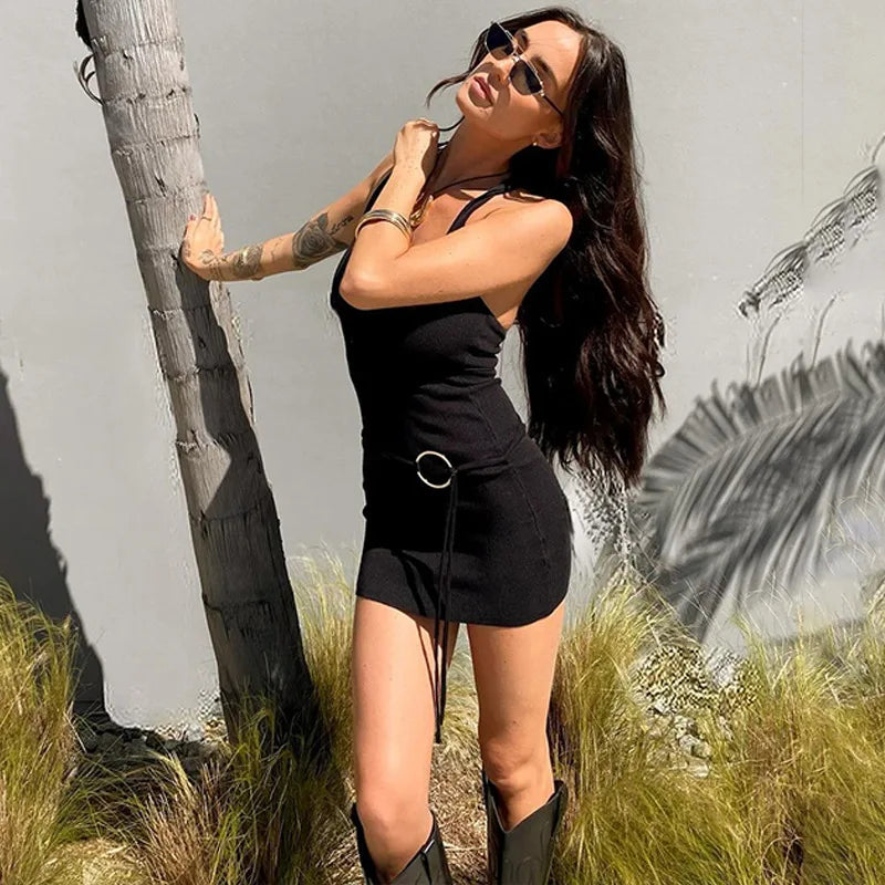 Lace Up Backless Halter Dress Sleeveless Bandage Mini