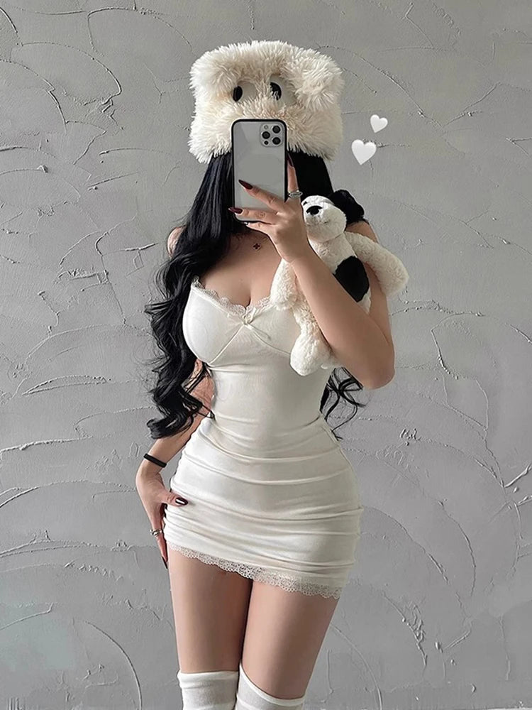 Retro Lace Patchwork Bodycon Mini Dress With Spaghetti Straps