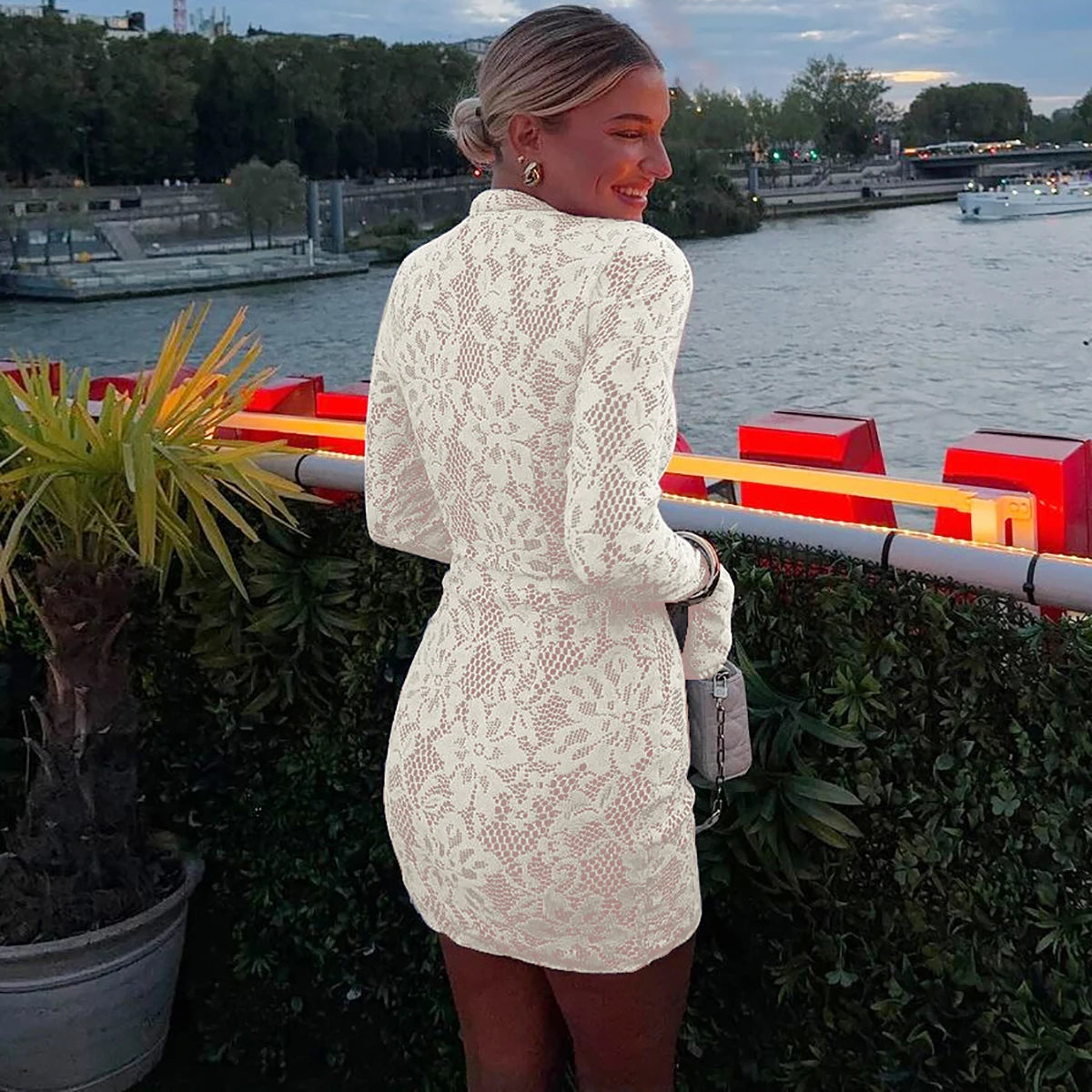 Lace Patchwork Hollow Out Mini Dress With Turtleneck And Long Flare Sleeves