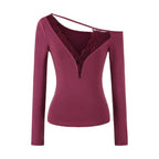 Lace Splice Long Sleeve Vneck Top For Night Out Chic