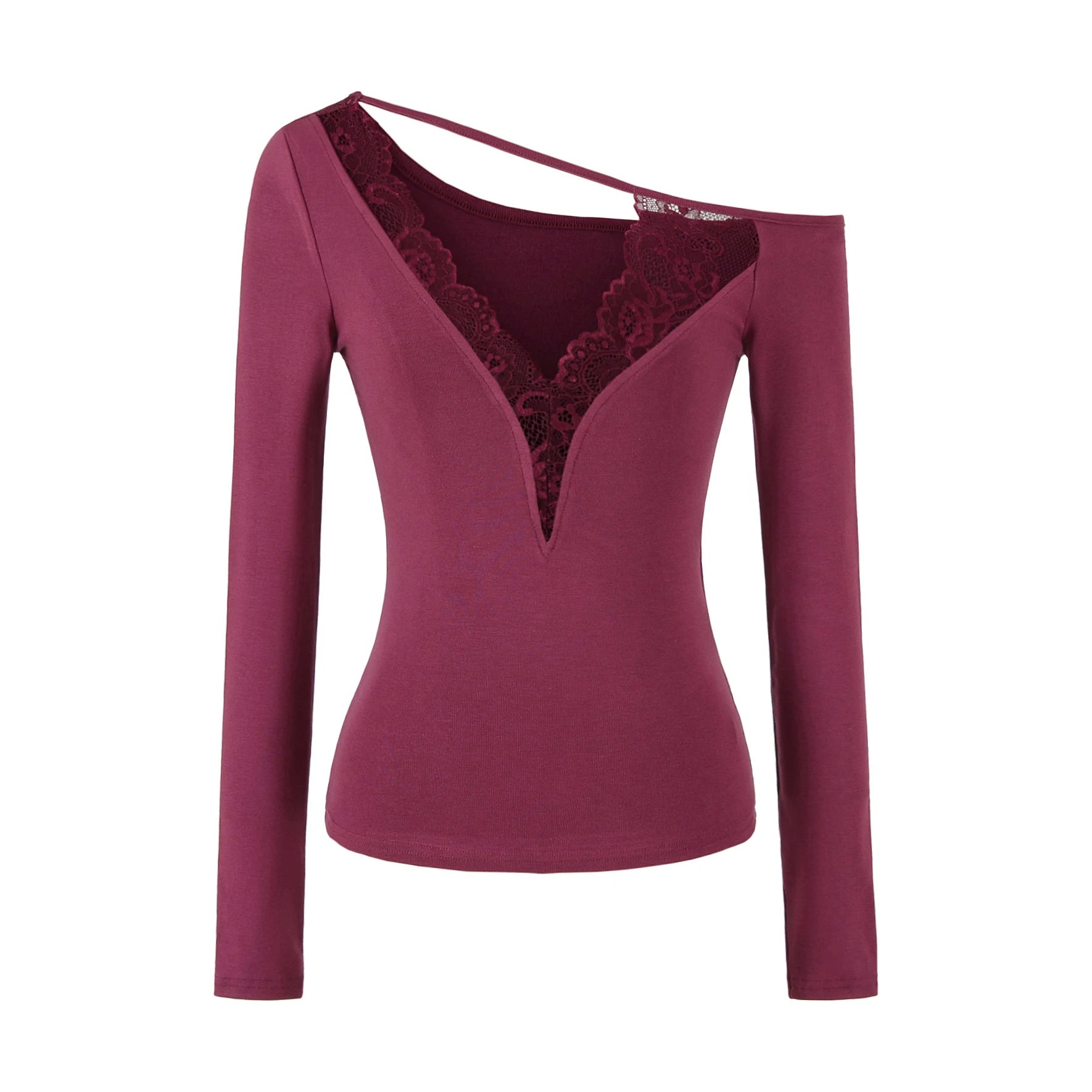 Lace Splice Long Sleeve Vneck Top For Night Out Chic