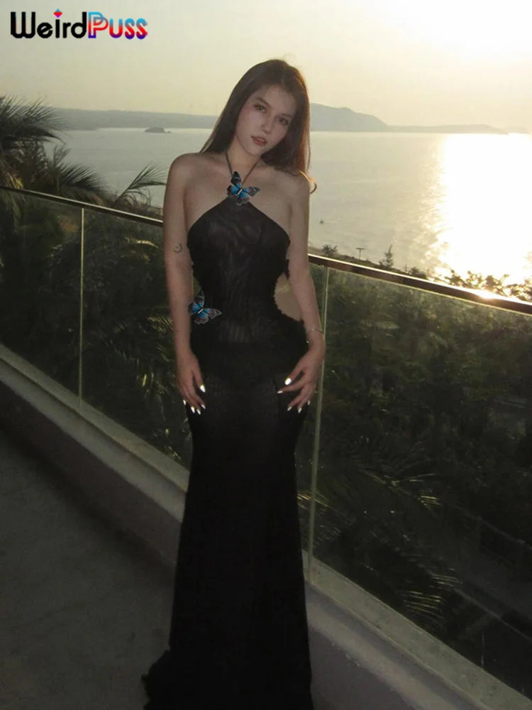 Sheer Halter Dress With Butterfly Appliques Hollow Ruffle Details Elegant Gown