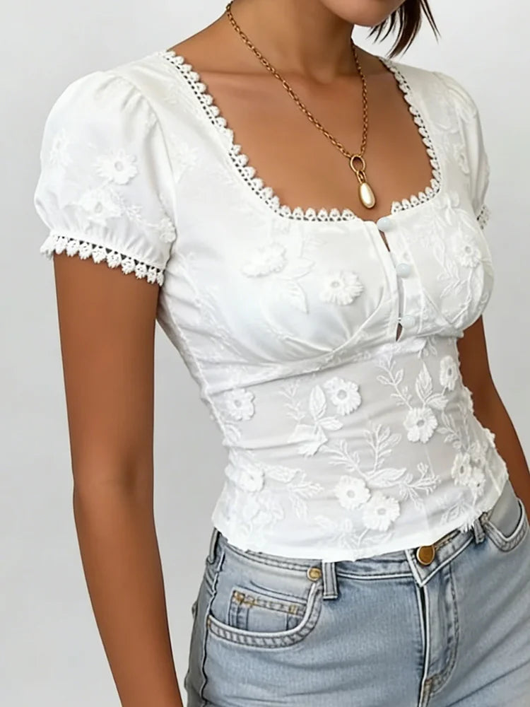Romantic Lace Trim Hollow Out Top With Square Neck