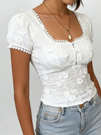 Romantic Lace Trim Hollow Out Top With Square Neck