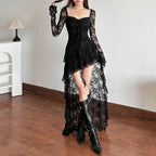 Gothic Fairycore Lace A Line Dress With Flare Sleeves And Square Neck