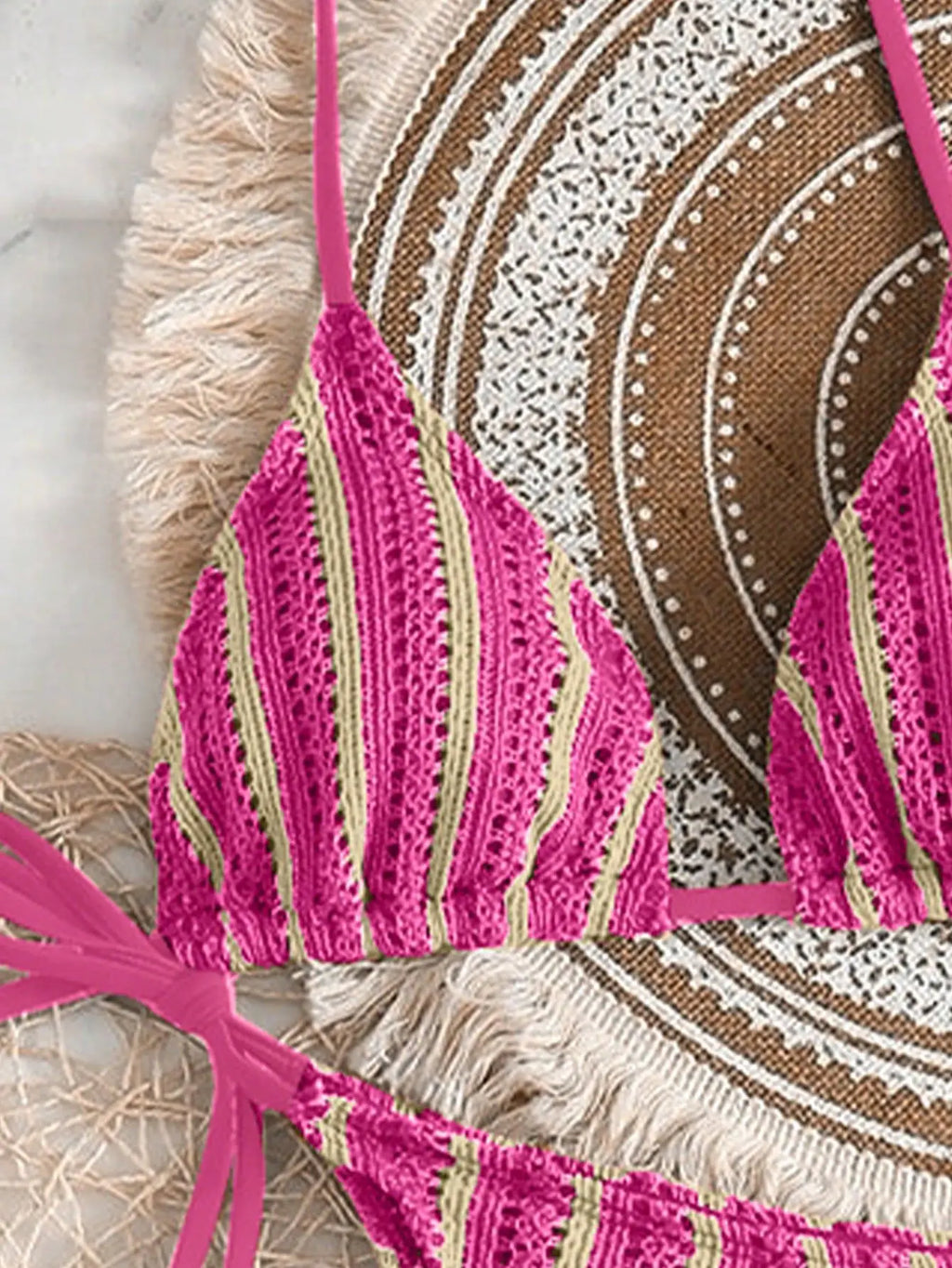 Retro Striped 3 Pieces Knitted Mesh String Bikini Set Swimsuit