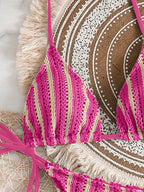 Retro Striped 3 Pieces Knitted Mesh String Bikini Set Swimsuit