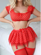 Polka Dots Tutu Lingerie Set Off Shoulder Twopiece with Plunge Bra and Satin Trim