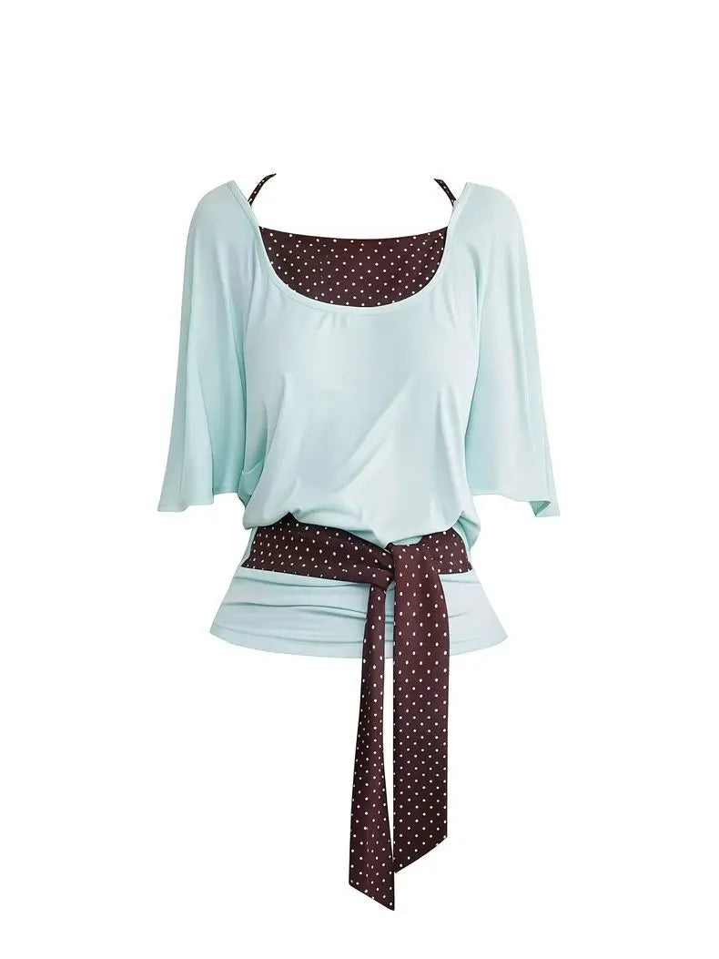 Mint Green Layered T Shirt With Polka Dot Overlay Three Quarter Sleeves