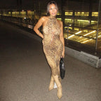 Leopard Print Halter Maxi Dress With Backless Silhouette Embellished Bandage Style
