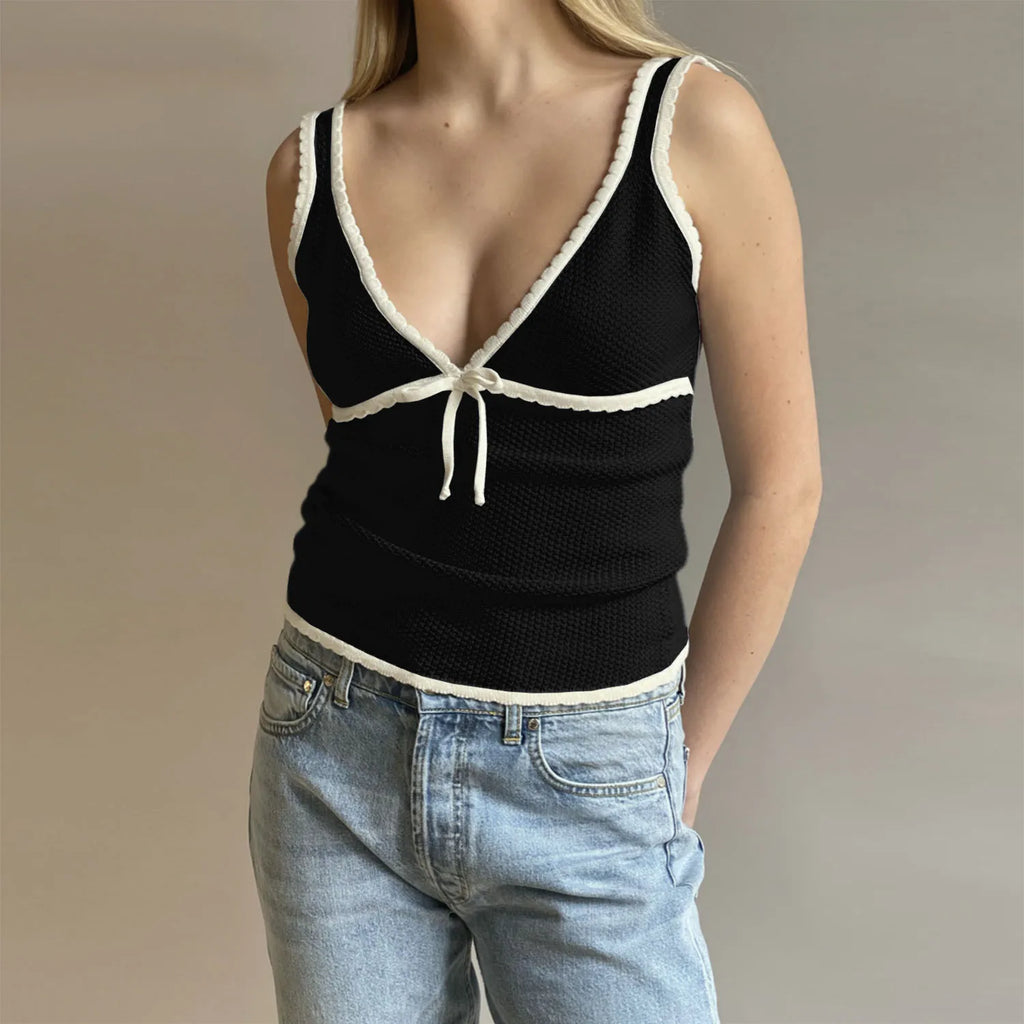 Backless Lace Up Crop Tank Top With V Neck