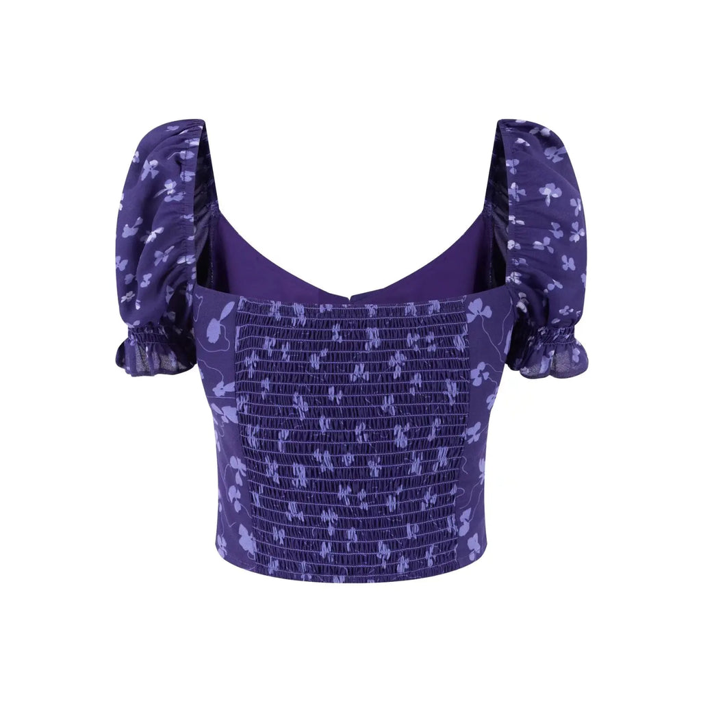 Purple Square Neckline Floral Print Blouse Flare Short Sleeve