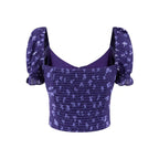 Purple Square Neckline Floral Print Blouse Flare Short Sleeve