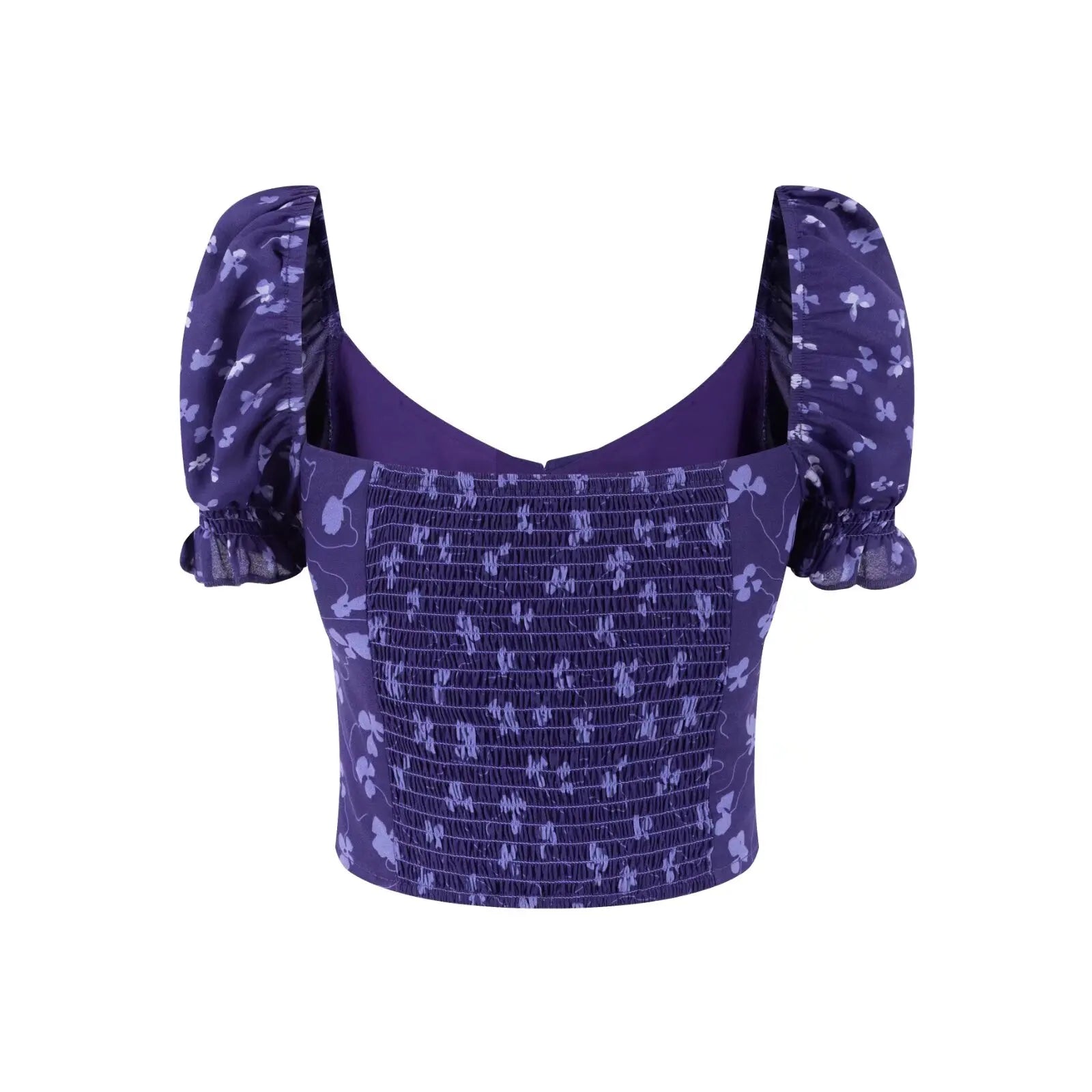 Purple Square Neckline Floral Print Blouse Flare Short Sleeve