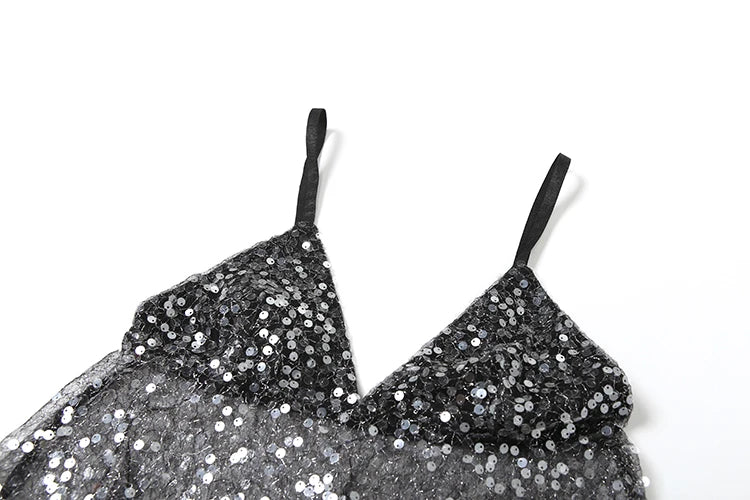 Sequined Patchwork Mesh Camisole With V-Neck Backless
