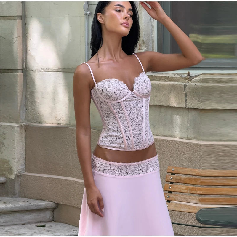 Delicate Lace Corset Cami And Midi Skirt Set Slim Fit Sleeveless Romantic Outfit