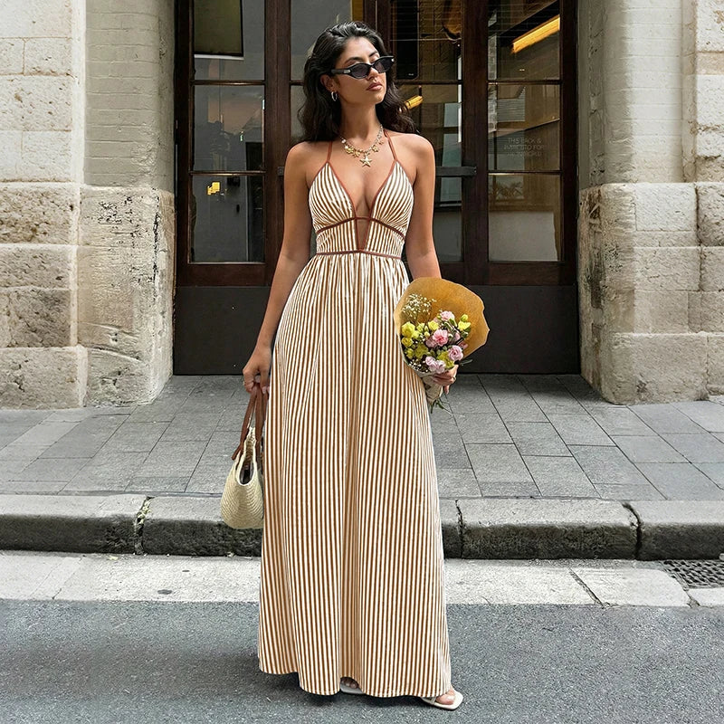 Sea Breeze Striped Deep V Beach Dress With Backless Sleeveless Maxi