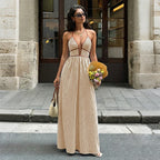 Sea Breeze Striped Deep V Beach Dress With Backless Sleeveless Maxi