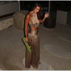 Two Piece Set Solid Color O Neck Top With Backless Lace Up And High Waist A Line Skirt