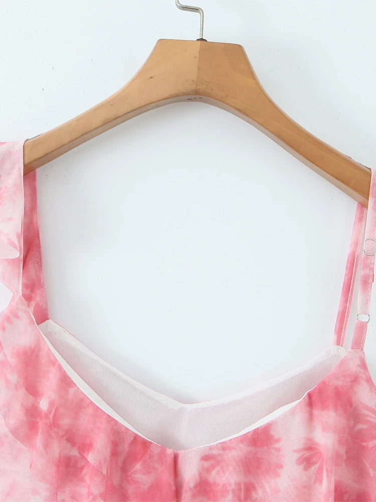 Vintage Print Asymmetrical Mesh Slim Backless Camisole