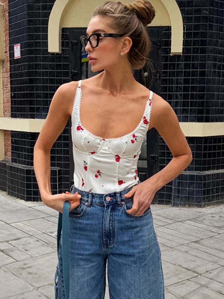 U Neck Lace Suspender Backless Top Floral Print