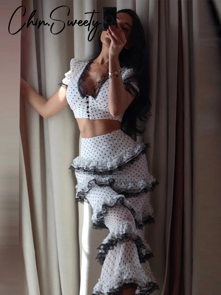 Polka Dot Chic Set With V Neck Crop Top And Ruffle Skirt