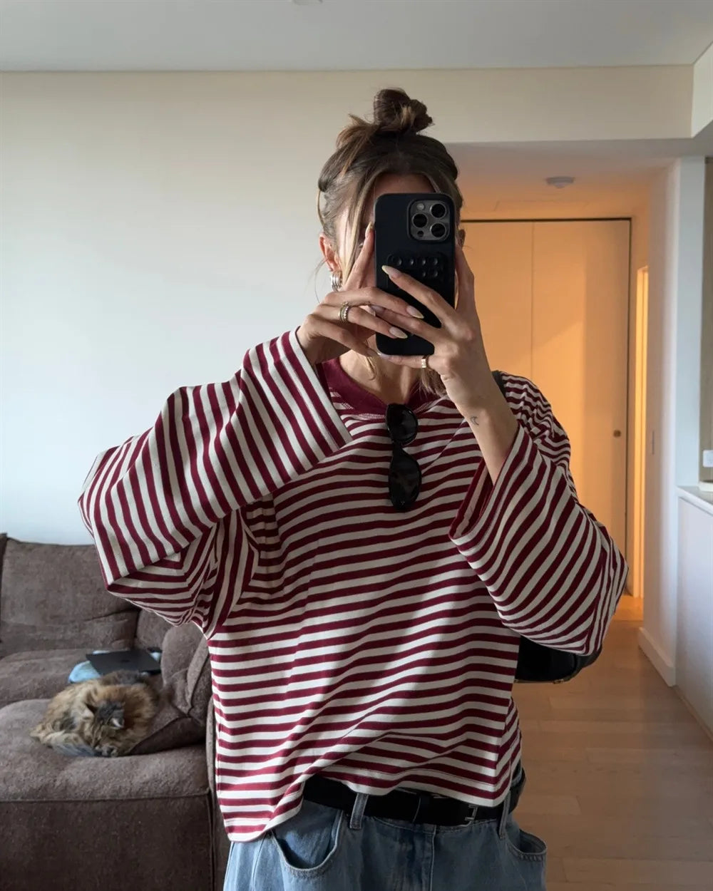 Stripe Patchwork Long Sleeve Tee for Casual Streetwear and Everyday