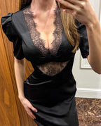 Hollow Out Patchwork Lace Dress With V Neck Short Sleeve High Waist Slim Fit