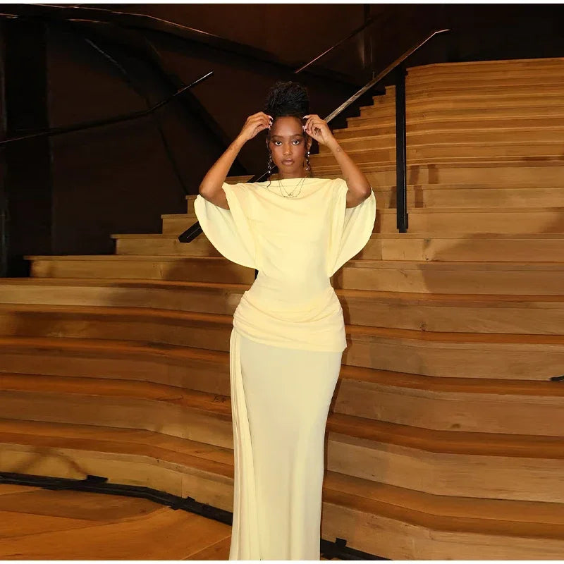 Backless Party Maxi Dress With O Neck Slim Pleated Ribbon Detail