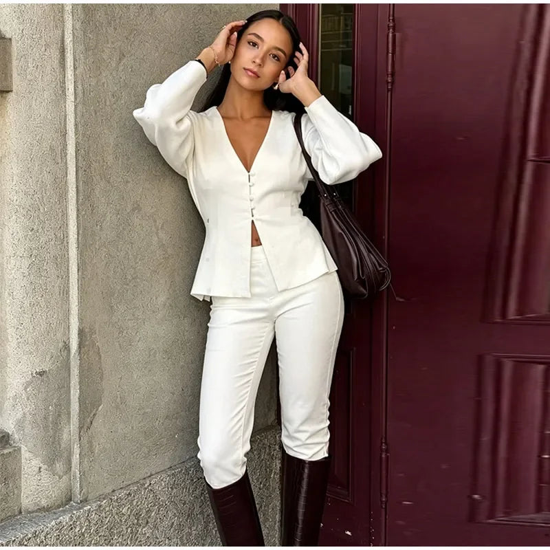 Sleek Blazer Capri Set For Women V Neck Jacket With Matching Pants