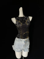 Chic Double Layer Mesh Tee With Elegant Print And High Collar Short Sleeve Women Net Shirt