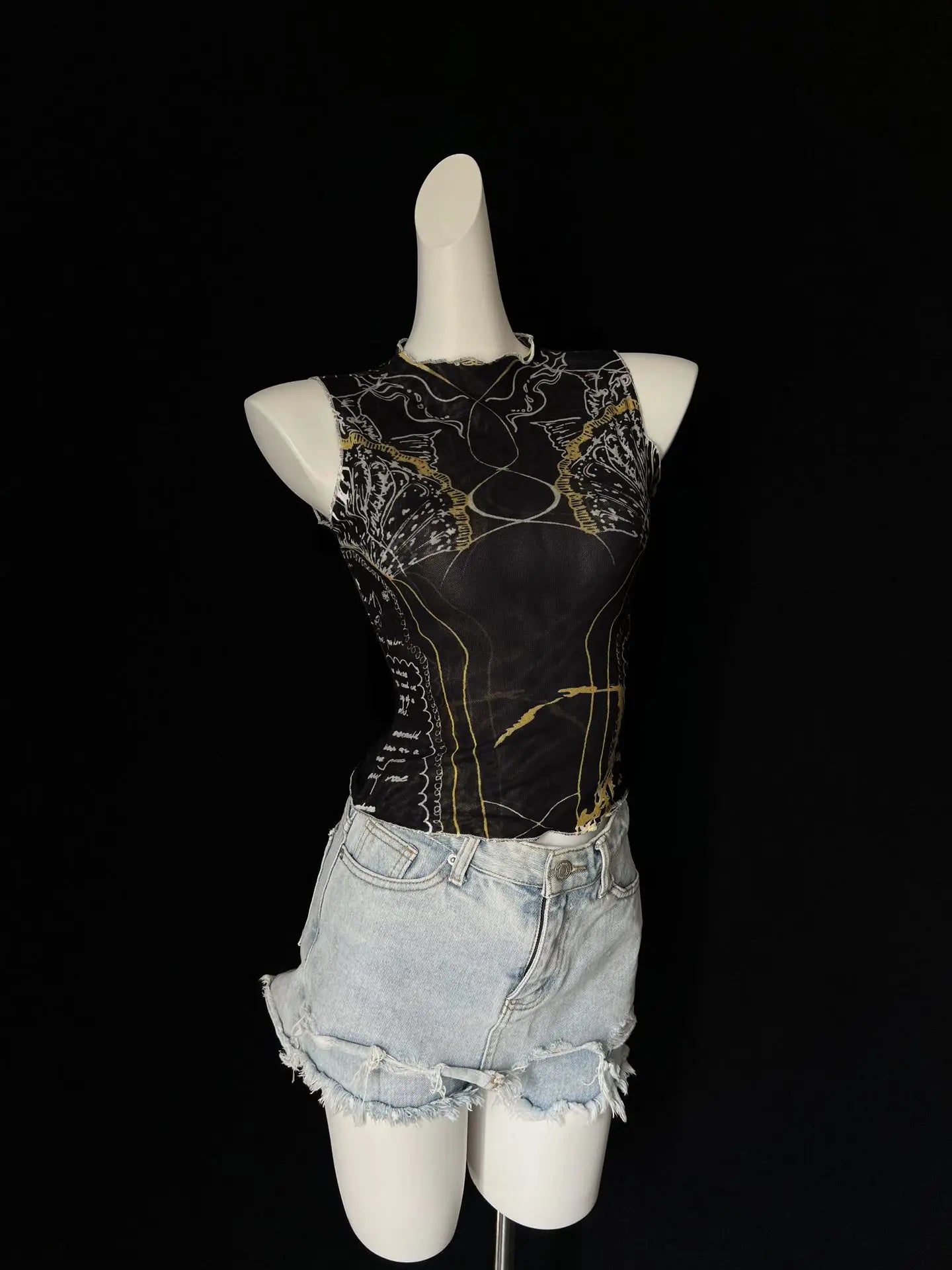Chic Double Layer Mesh Tee With Elegant Print And High Collar Short Sleeve Women Net Shirt
