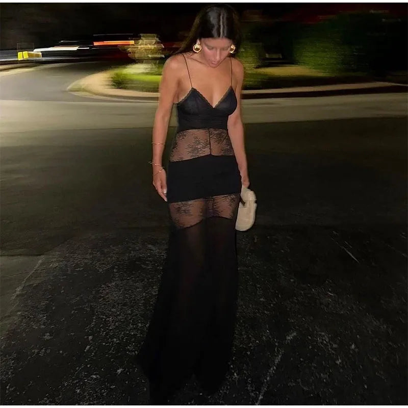Lace See Through Sling Maxi Dress Evening