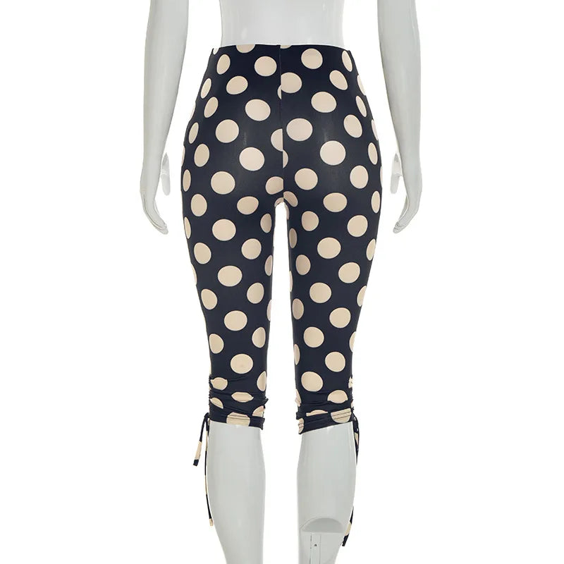 Polka Dot Patchwork Capri Pants With Drawstring Waist