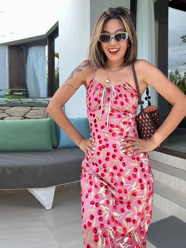 Retro Floral Lace Up Backless Maxi Dress