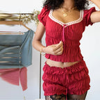 Vintage Ruffled Loungewear Set With Dot Print Top And Shorts Cozy Scoop Neck