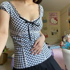 Vintage Square Neck Lace Trim Crop Top With Short Sleeves, Slim Fit Streetwear Tee