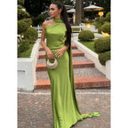Elegant Silk Satin Halter Maxi Dress Backless Ribbon Tie Evening Gown