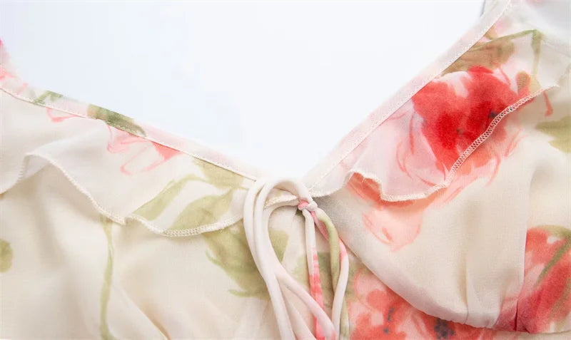 Rose Print Reverie Backless Fishtail Midi Dress With Tiered Ruffles And V Neck