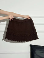 Patchwork Knit Mini Skirt With High Waist Ruffle And Hollow Out Details