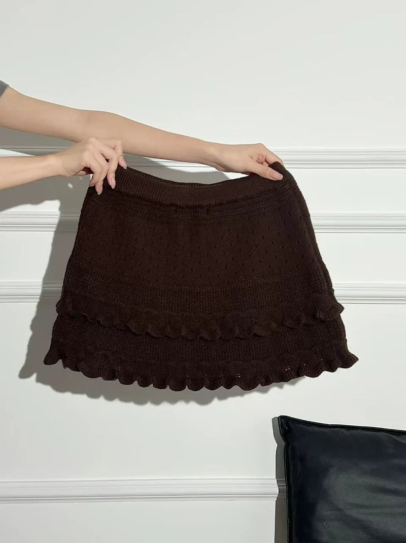 Patchwork Knit Mini Skirt With High Waist Ruffle And Hollow Out Details